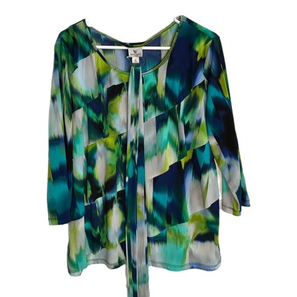 Worthington Blue & Green 3/4 Sleeve Multicolor Blouse With Belt, XL, Pre-owned - Picture 3 of 5